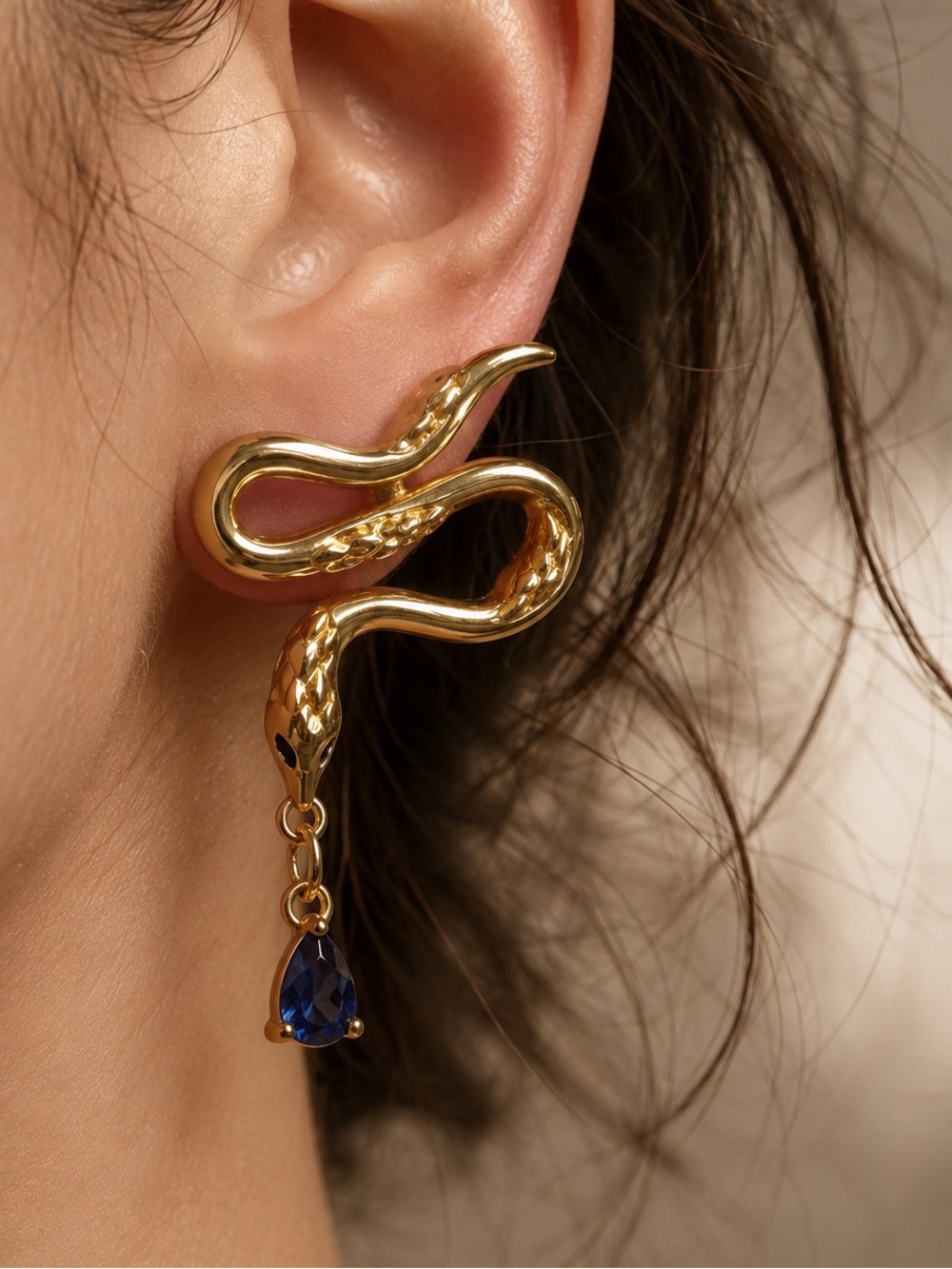 Gold Snake Serpenti Drop Earring with Blue Teardrop